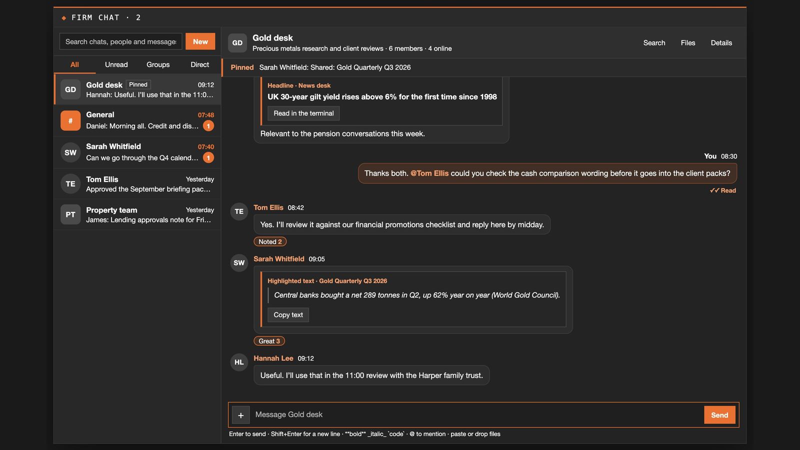Firm chat in the terminal: a gold desk room with a shared report, a headline and a highlighted figure, with replies and word reactions