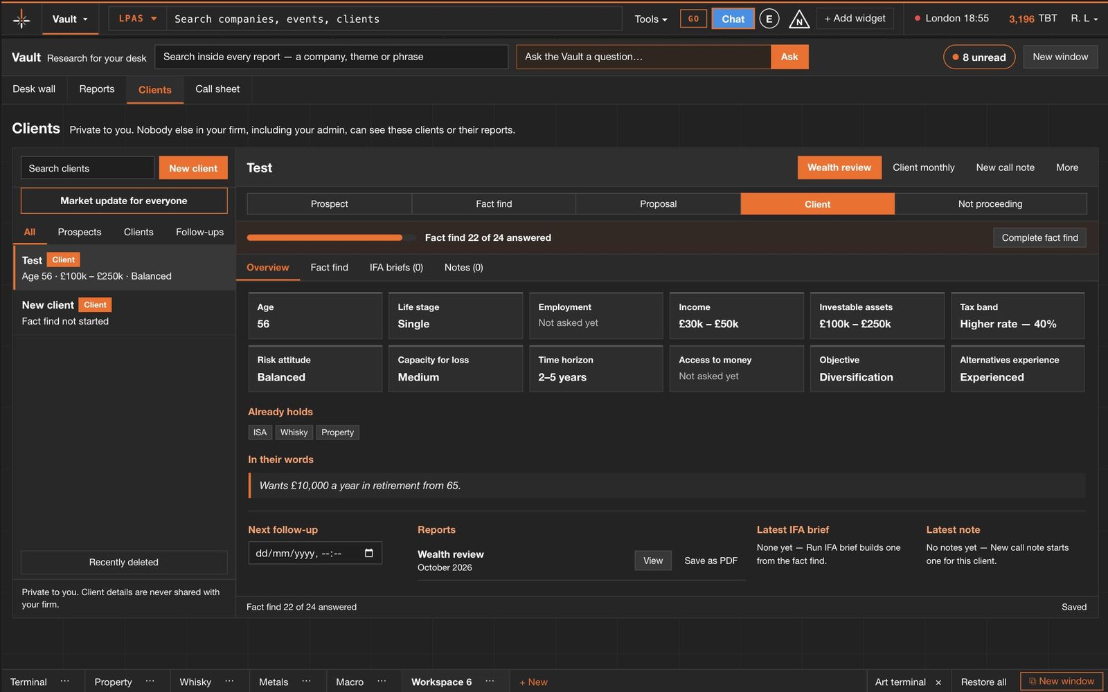 Client book: a client's fact find, profile, follow-ups and briefs