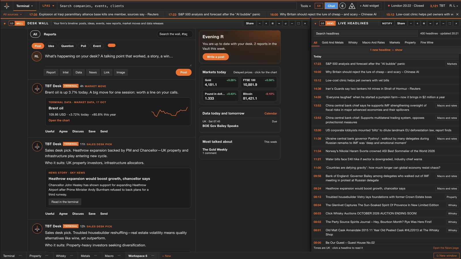 The desk wall: the firm timeline with market moves, news picks and a composer, beside live headlines