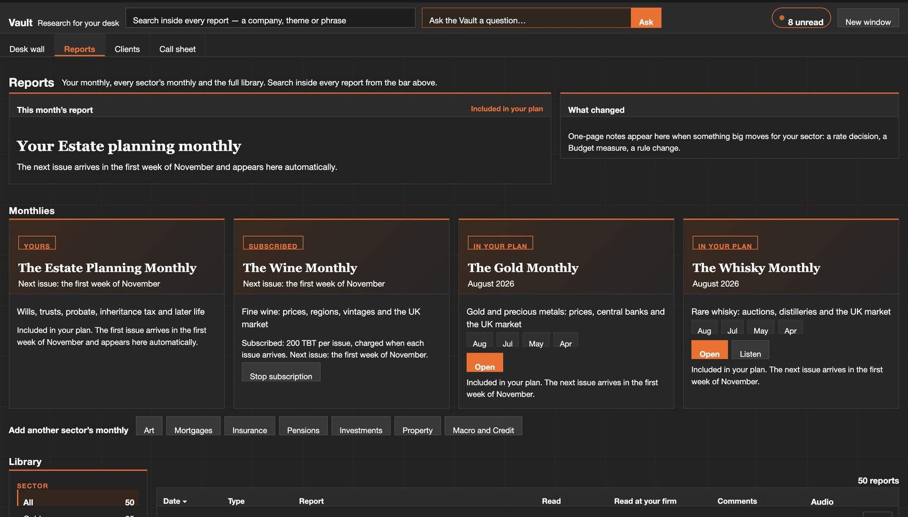 Vault monthlies: your sector's monthly report and others you can add