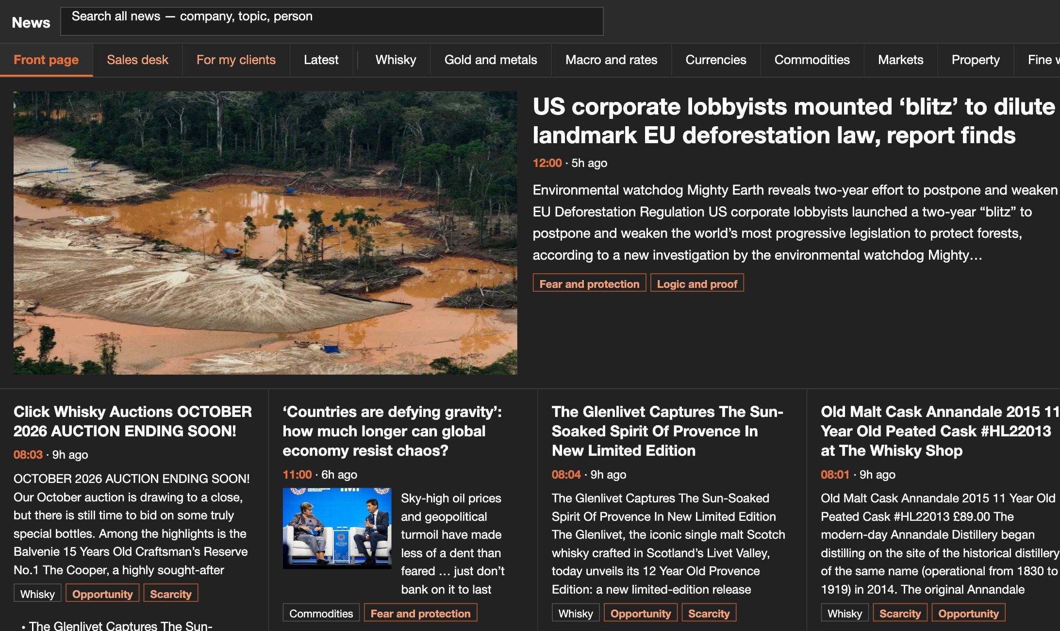 The news desk front page: stories sorted by sector, with photographs and topic tags